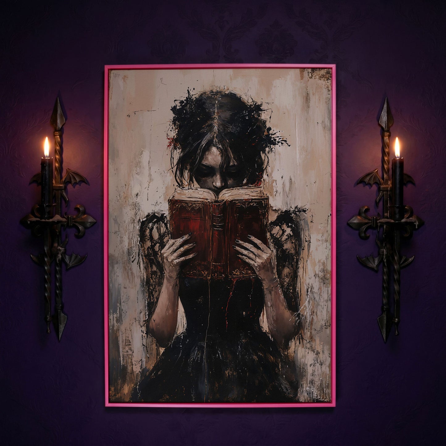 Woman Reading a Vintage Book, Dark Academic Canvas Wall Art in pink floating frame