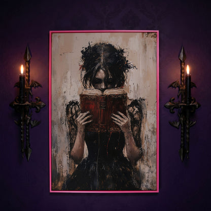 Woman Reading a Vintage Book, Dark Academic Canvas Wall Art in pink floating frame