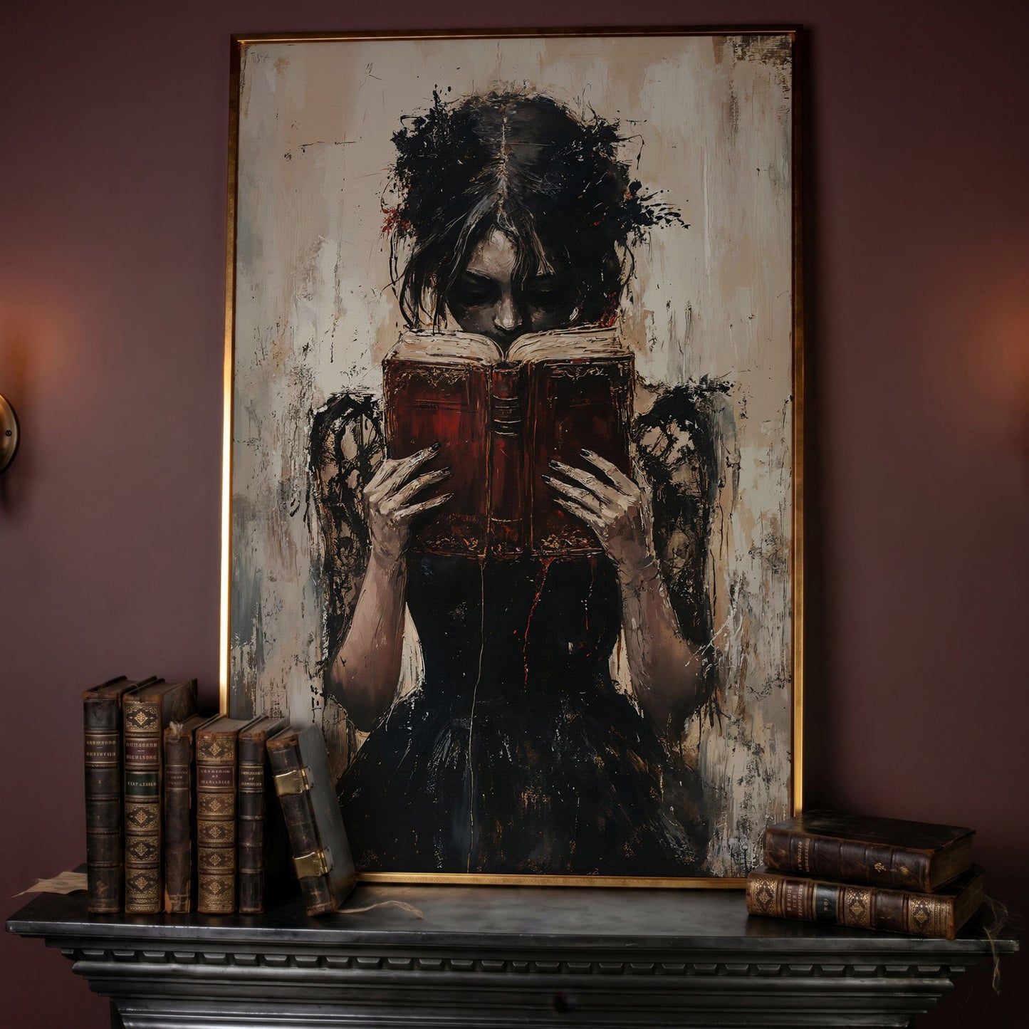 Woman Reading a Vintage Book, Dark Academic Canvas Wall Art in rose gold floating frame