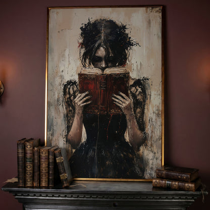 Woman Reading a Vintage Book, Dark Academic Canvas Wall Art in rose gold floating frame