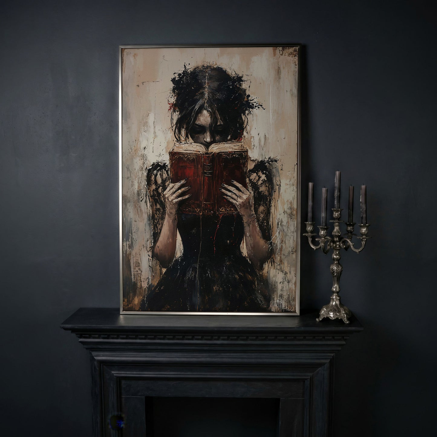 Woman Reading a Vintage Book, Dark Academic Canvas Wall Art in silver floating frame