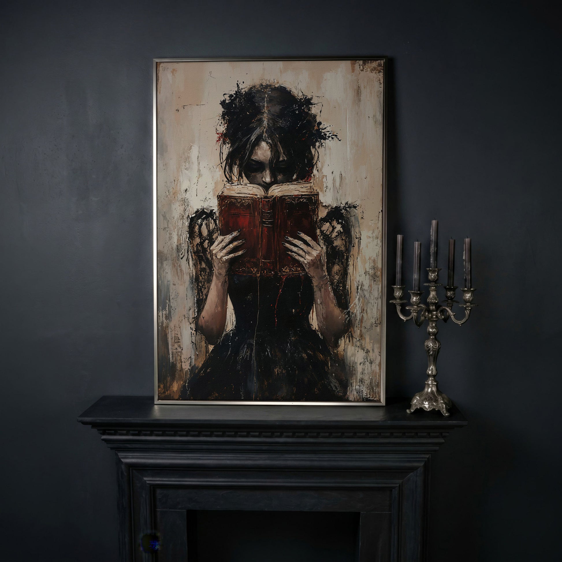 Woman Reading a Vintage Book, Dark Academic Canvas Wall Art in silver floating frame