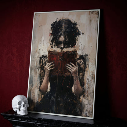 Woman Reading a Vintage Book, Dark Academic Canvas Wall Art in white floating frame