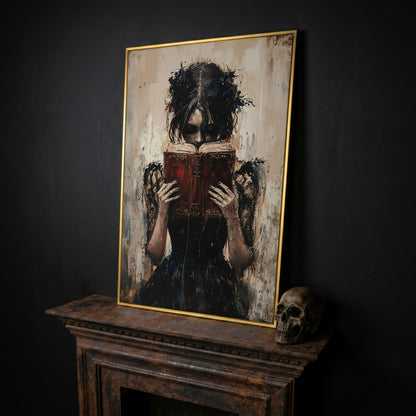 Woman Reading a Vintage Book, Dark Academic Canvas Wall Art in yellow gold floating frame