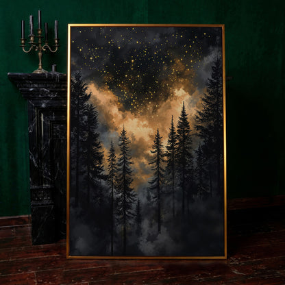 Dark Forest Starry Sky Canvas Art, Mystical Celestial Landscape in antique gold floating frame