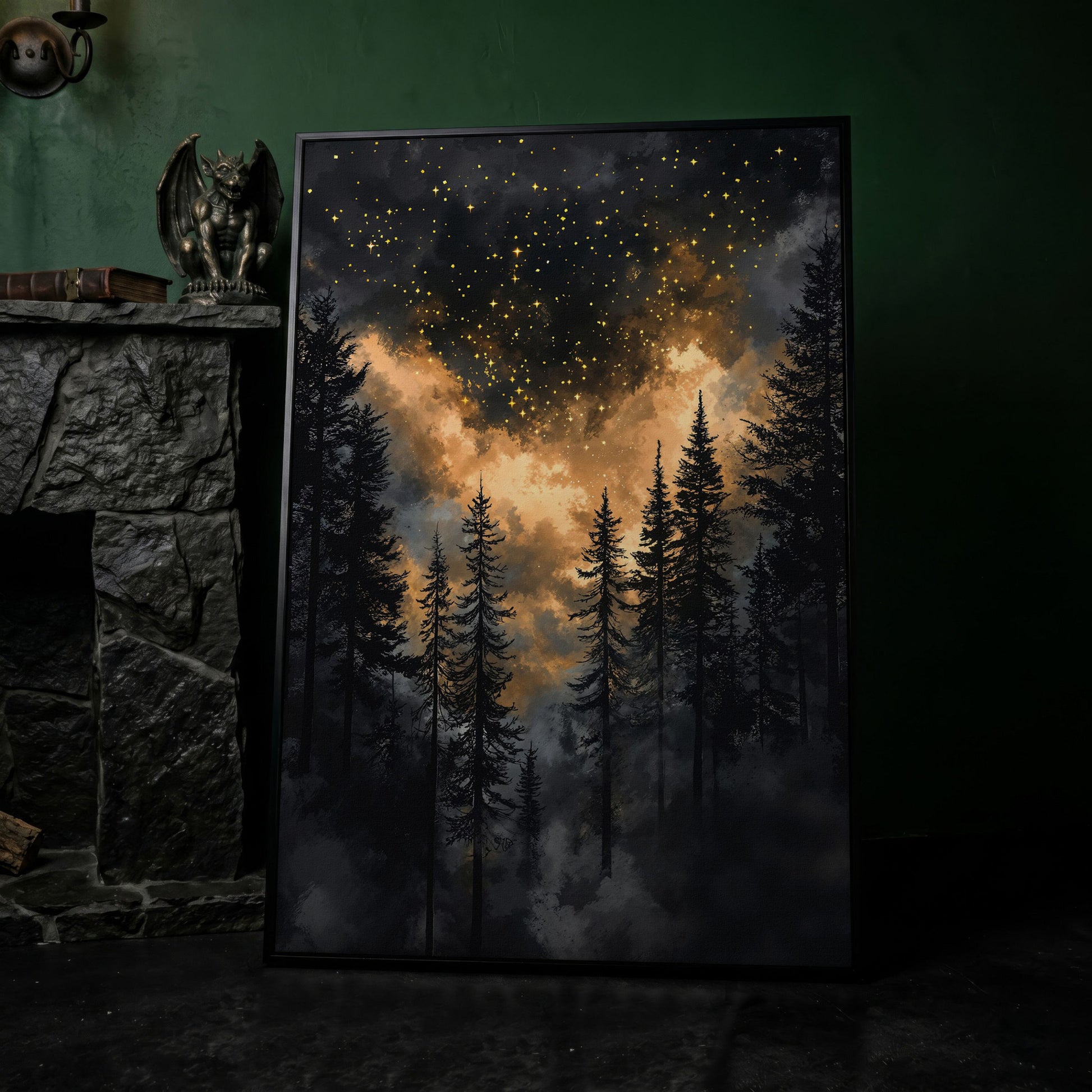 Dark Forest Starry Sky Canvas Art, Mystical Celestial Landscape in black floating frame
