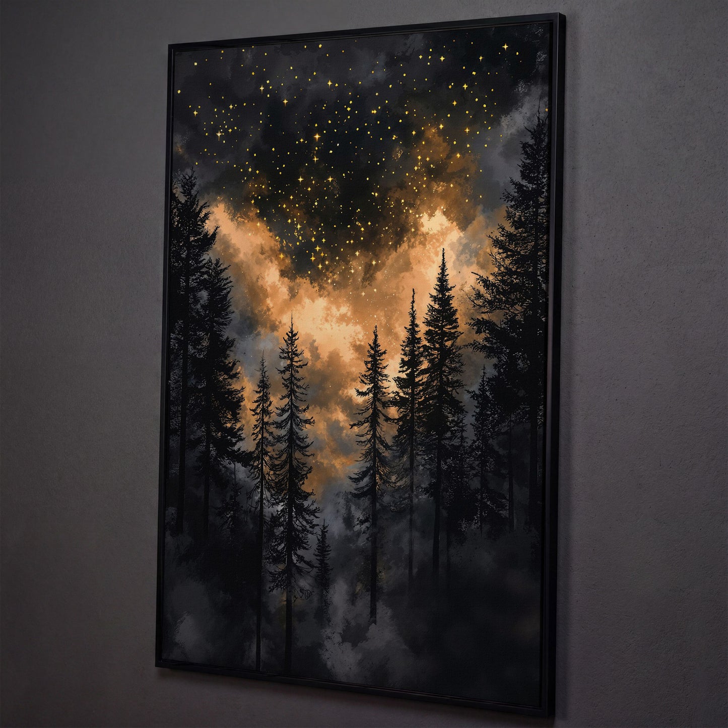 Dark Forest Starry Sky Canvas Art, Mystical Celestial Landscape shown in black floating frame