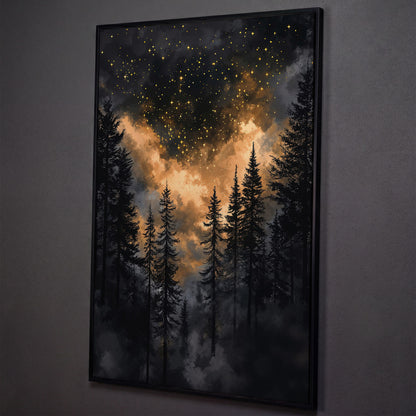 Dark Forest Starry Sky Canvas Art, Mystical Celestial Landscape shown in black floating frame