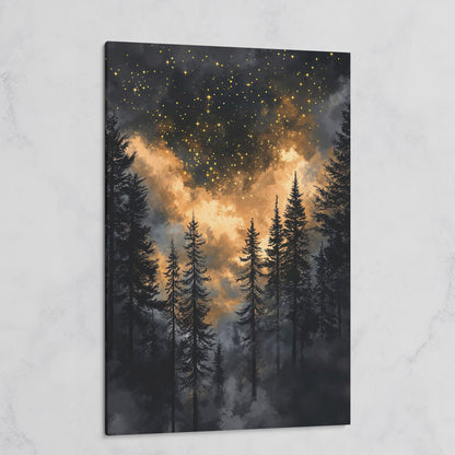 Dark Forest Starry Sky Canvas Art, Mystical Celestial Landscape on gallery wrap