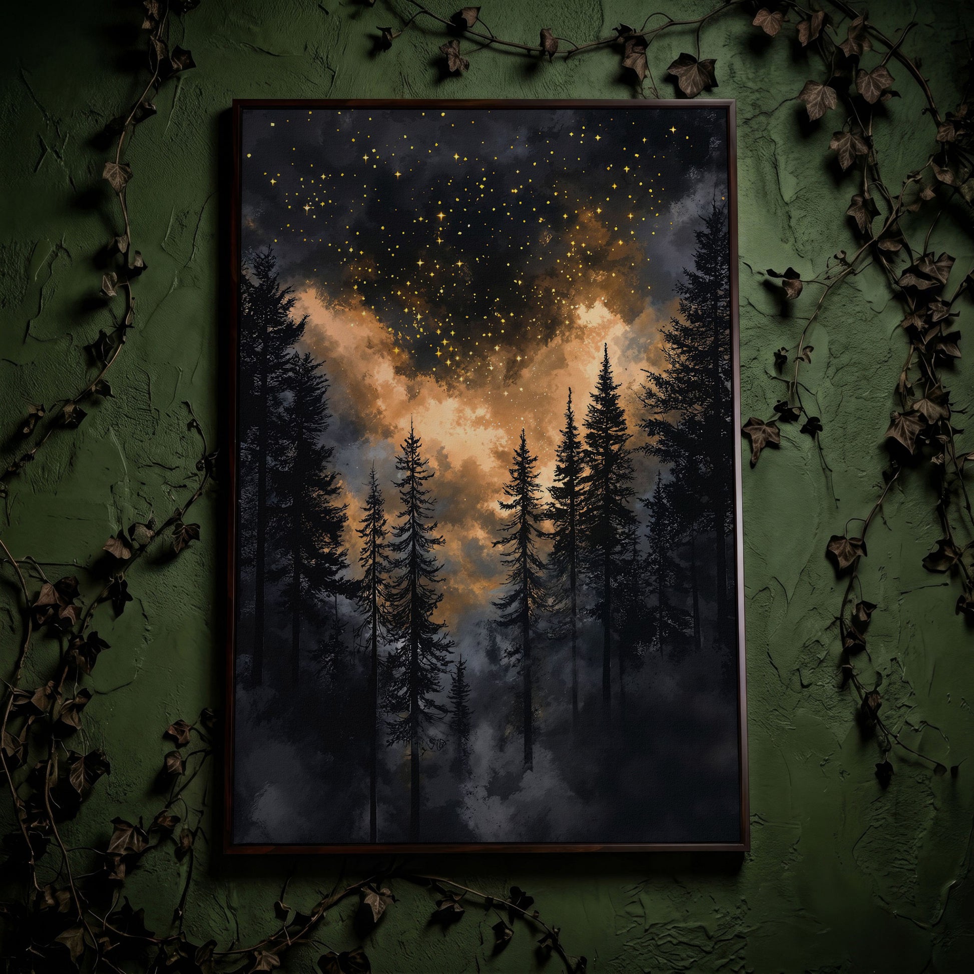 Dark Forest Starry Sky Canvas Art, Mystical Celestial Landscape in dark walnut floating frame