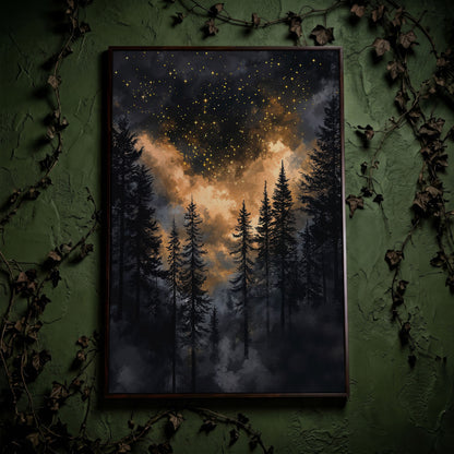 Dark Forest Starry Sky Canvas Art, Mystical Celestial Landscape in dark walnut floating frame