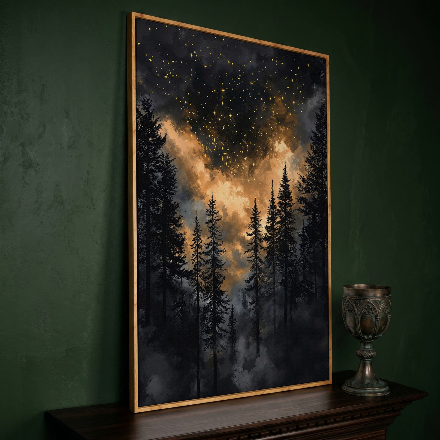 Dark Forest Starry Sky Canvas Art, Mystical Celestial Landscape in white oak floating frame