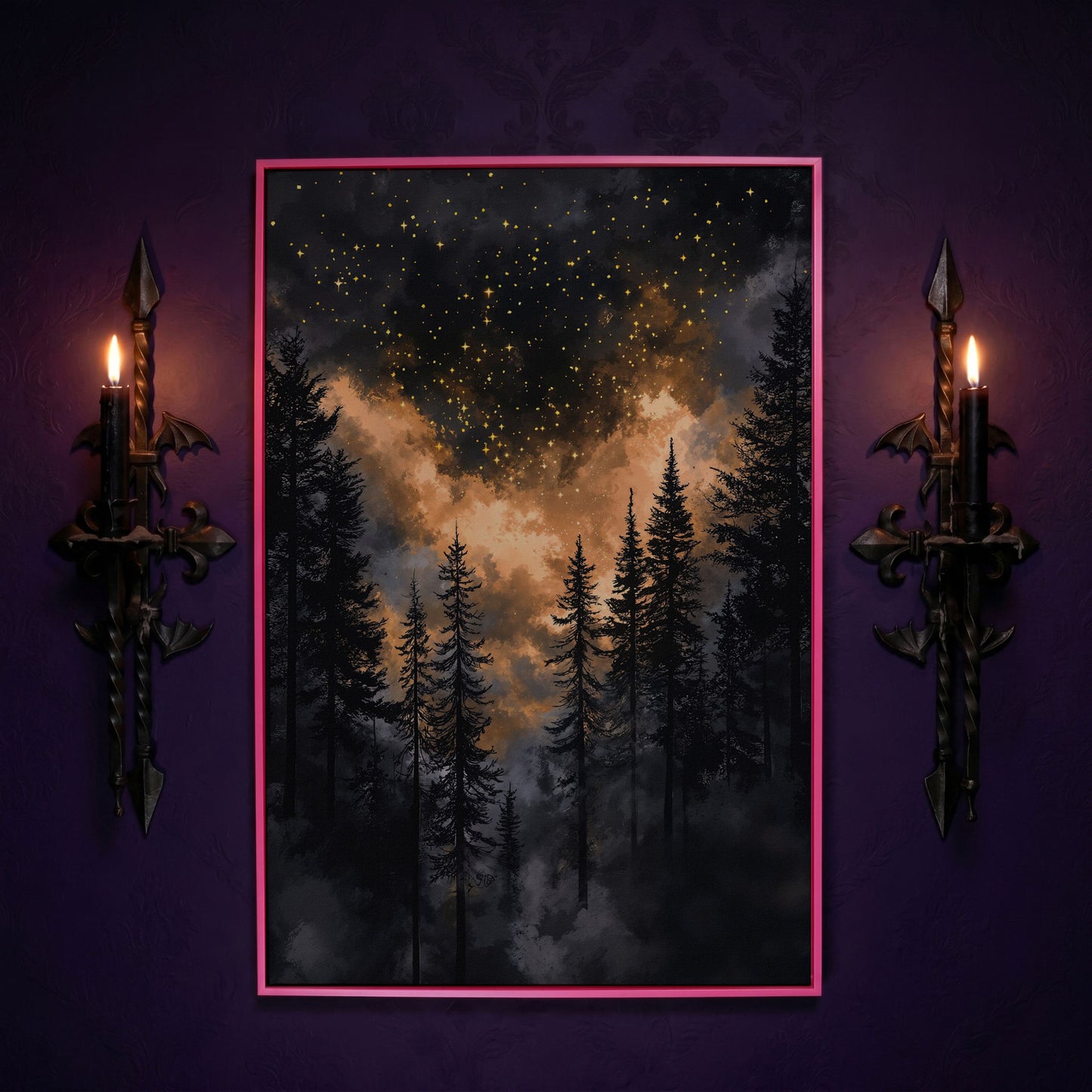 Dark Forest Starry Sky Canvas Art, Mystical Celestial Landscape in pink floating frame