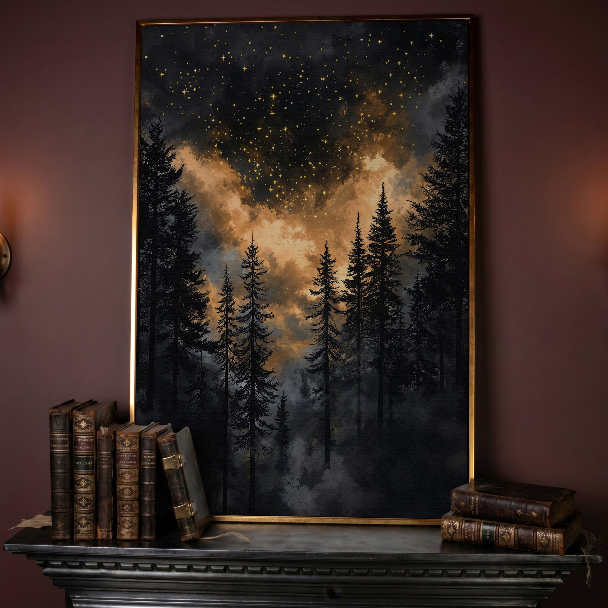 Dark Forest Starry Sky Canvas Art, Mystical Celestial Landscape in rose gold floating frame