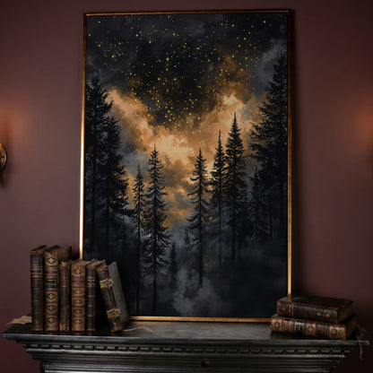 Dark Forest Starry Sky Canvas Art, Mystical Celestial Landscape in rose gold floating frame