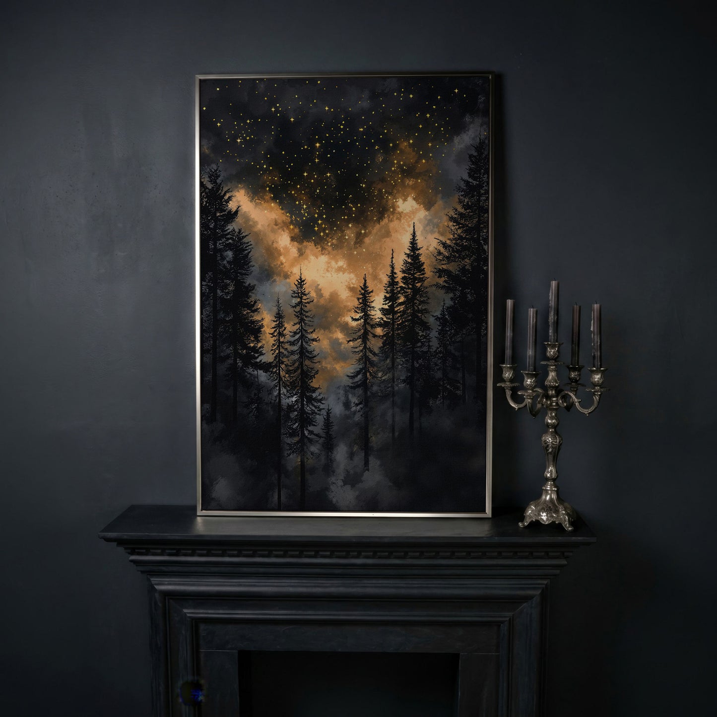 Dark Forest Starry Sky Canvas Art, Mystical Celestial Landscape in silver floating frame