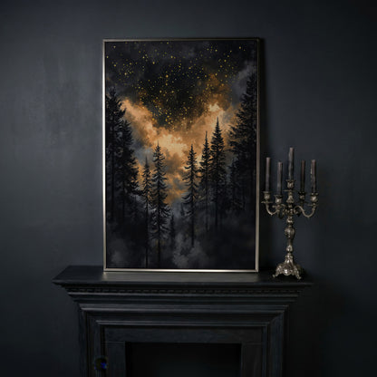 Dark Forest Starry Sky Canvas Art, Mystical Celestial Landscape in silver floating frame