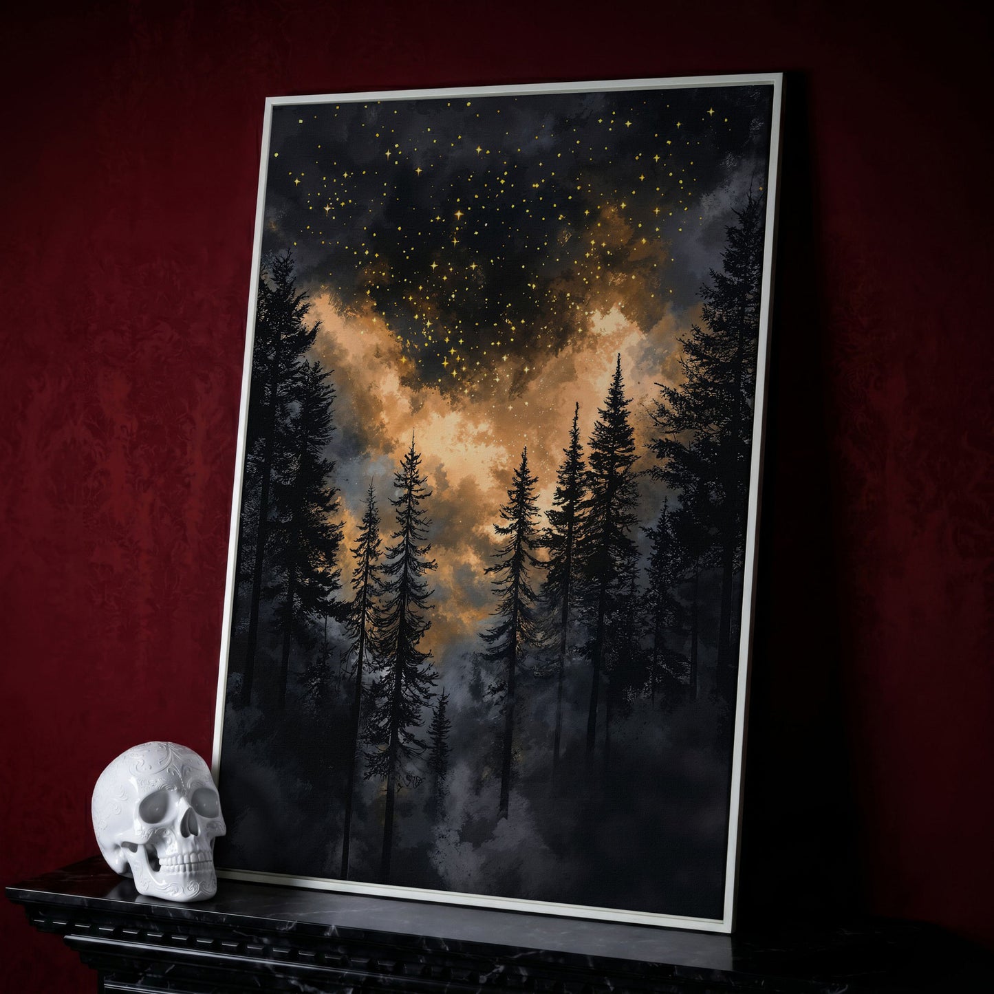 Dark Forest Starry Sky Canvas Art, Mystical Celestial Landscape in white floating frame
