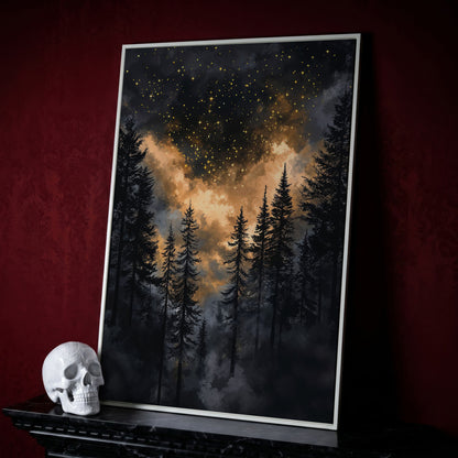 Dark Forest Starry Sky Canvas Art, Mystical Celestial Landscape in white floating frame