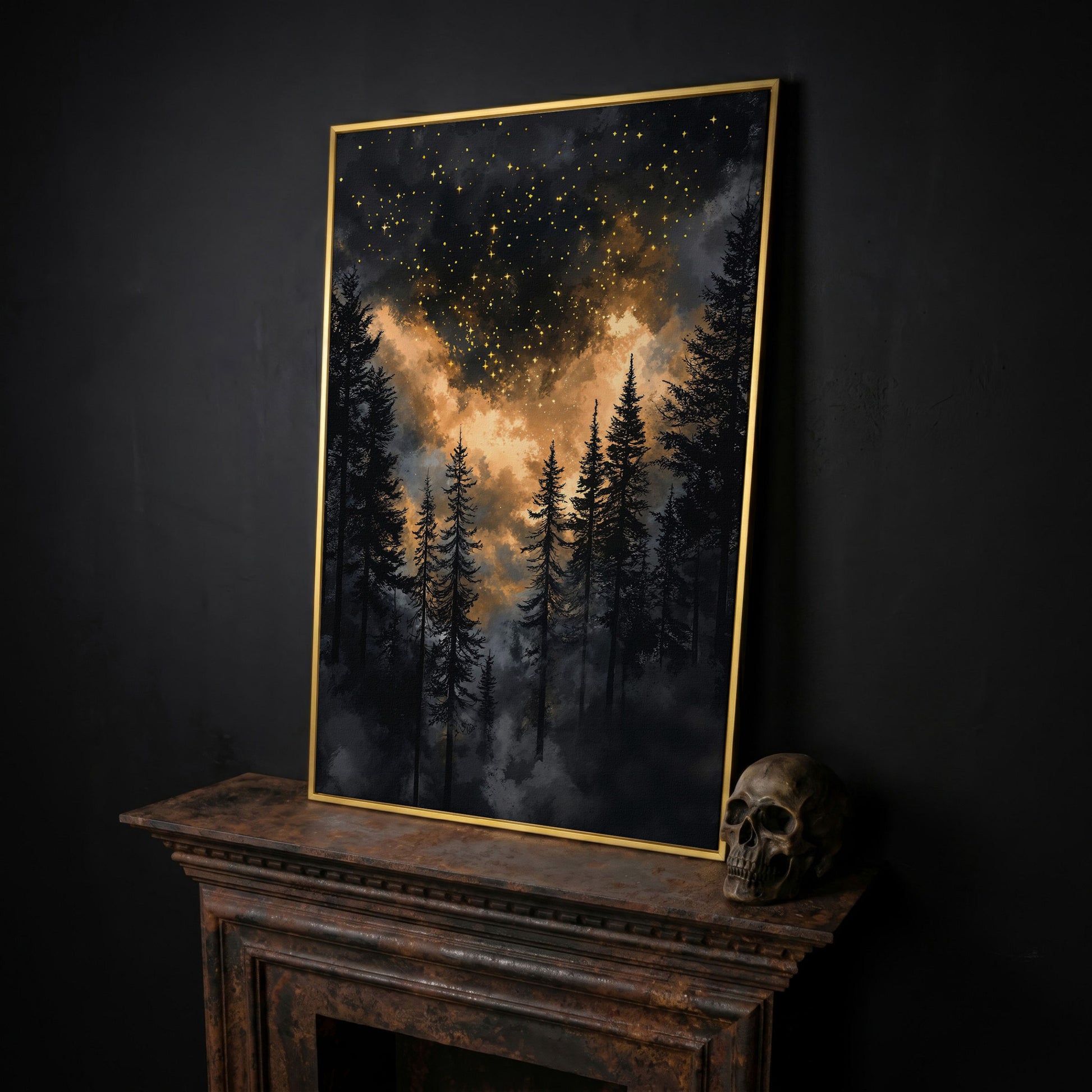 Dark Forest Starry Sky Canvas Art, Mystical Celestial Landscape in yellow gold floating frame