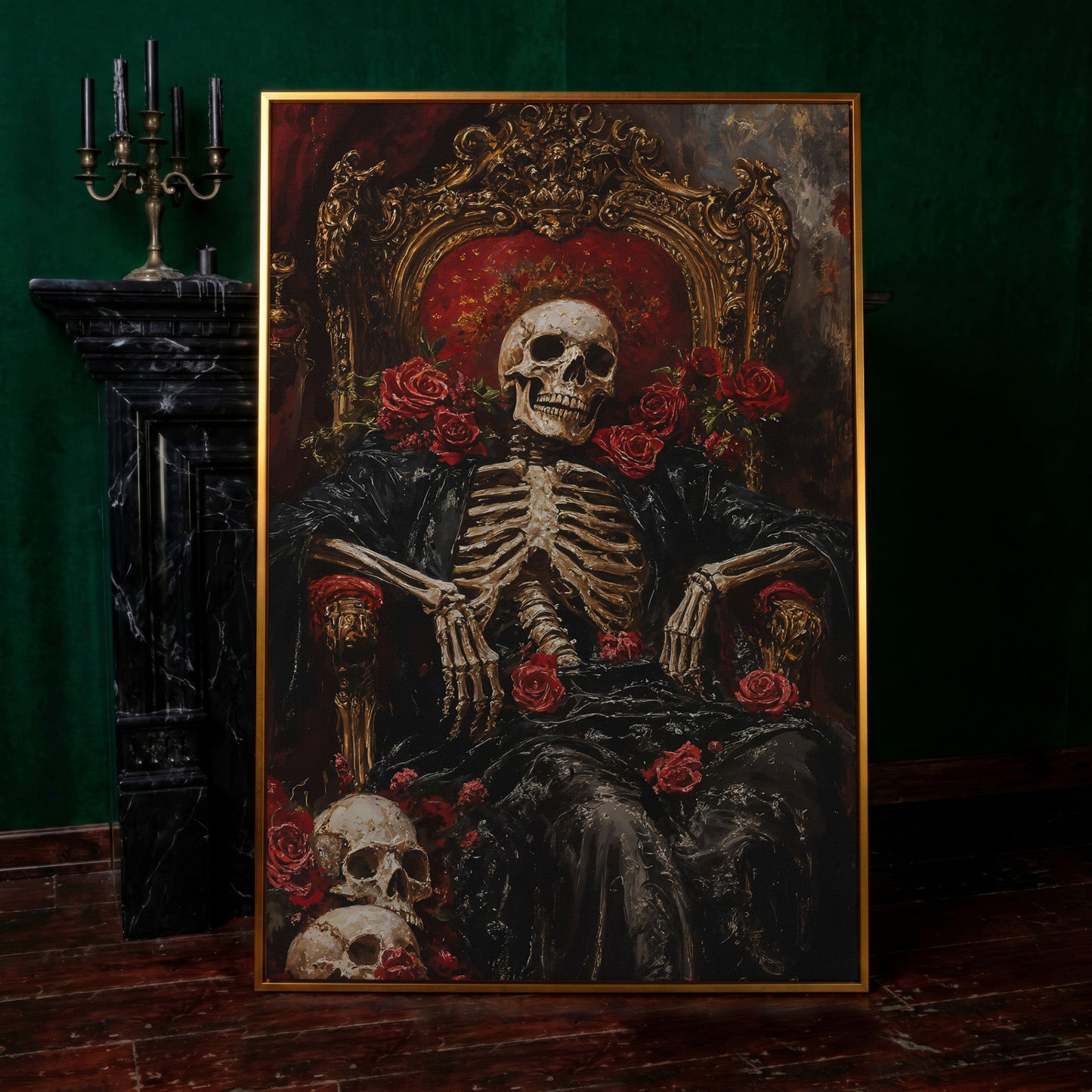 Skeleton on a Throne with Red Roses. Gothic Canvas Art in antique gold floating frame