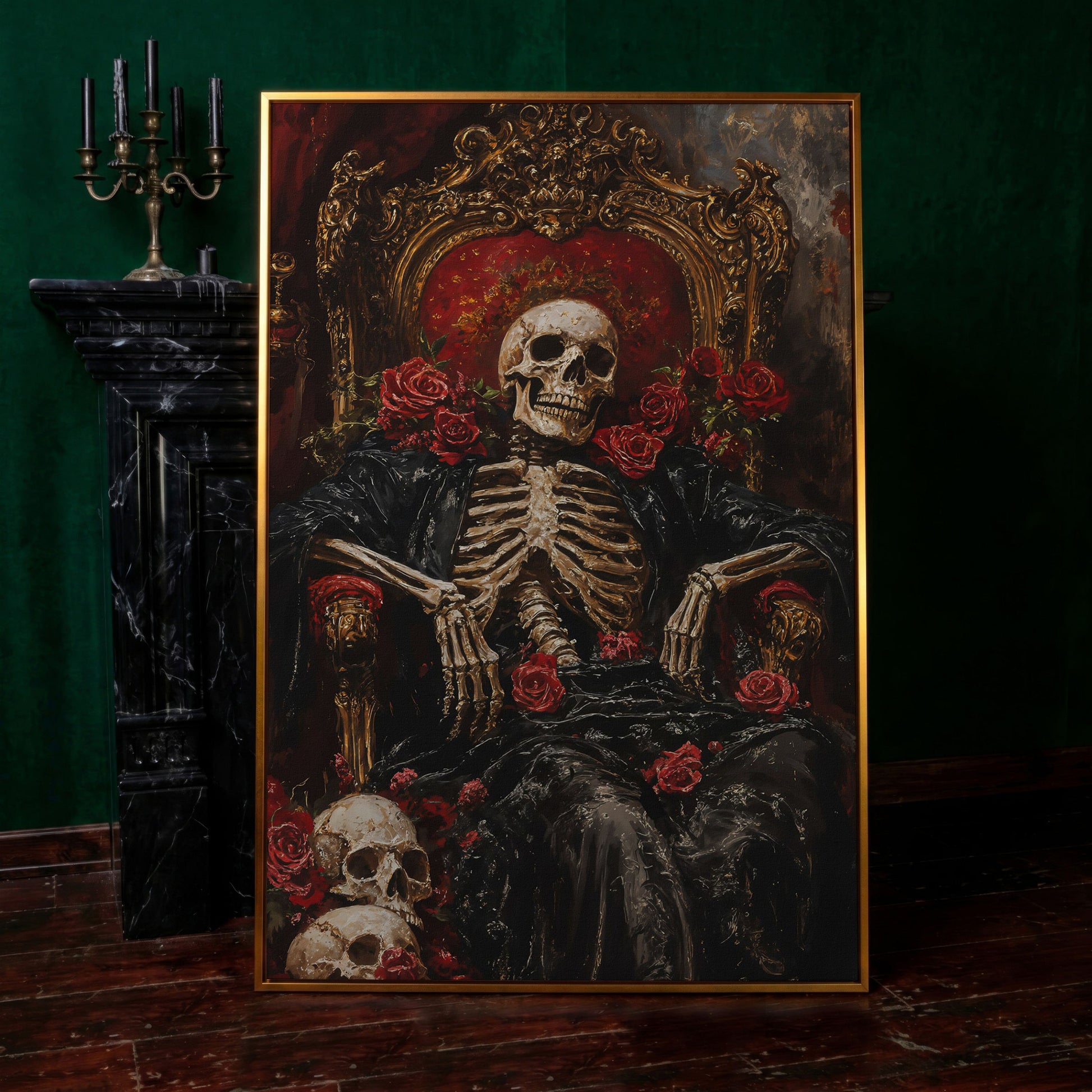 Skeleton on a Throne with Red Roses. Gothic Canvas Art in antique gold floating frame