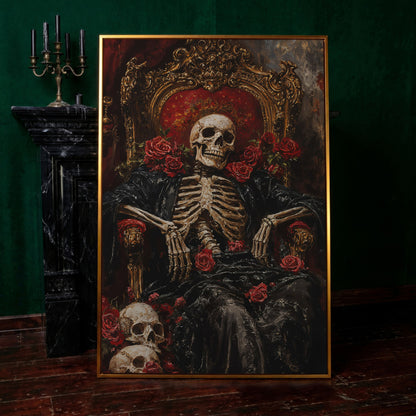 Skeleton on a Throne with Red Roses. Gothic Canvas Art in antique gold floating frame