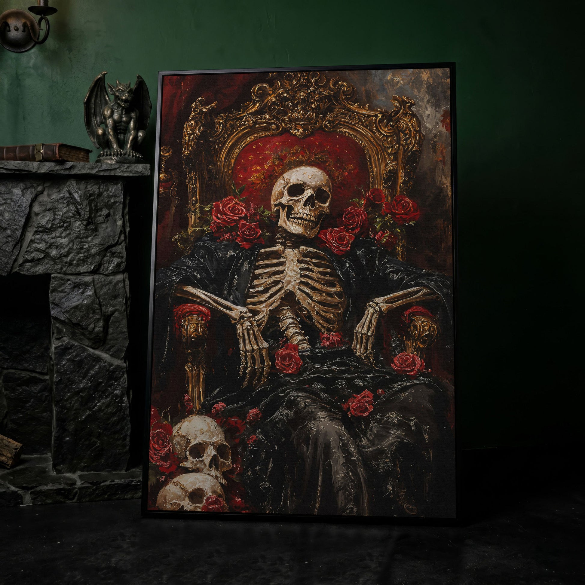 Skeleton on a Throne with Red Roses. Gothic Canvas Art in black floating frame