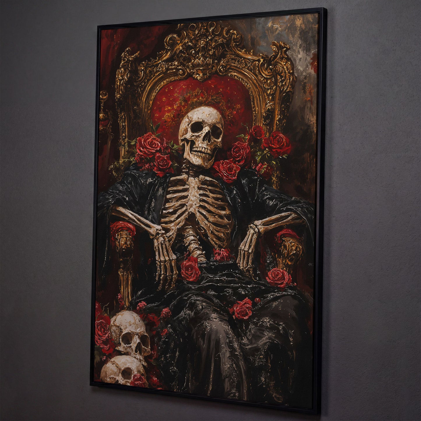 Skeleton on a Throne with Red Roses. Gothic Canvas Art shown in black floating frame