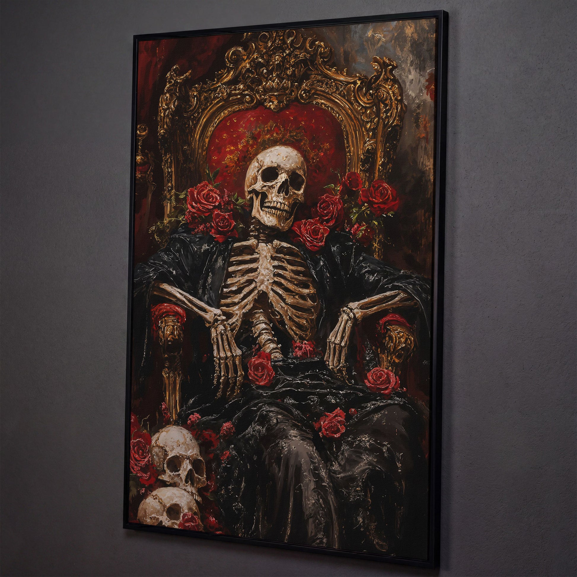 Skeleton on a Throne with Red Roses. Gothic Canvas Art shown in black floating frame