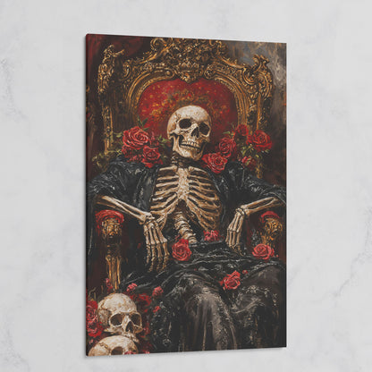Skeleton on a Throne with Red Roses. Gothic Canvas Art on gallery wrap
