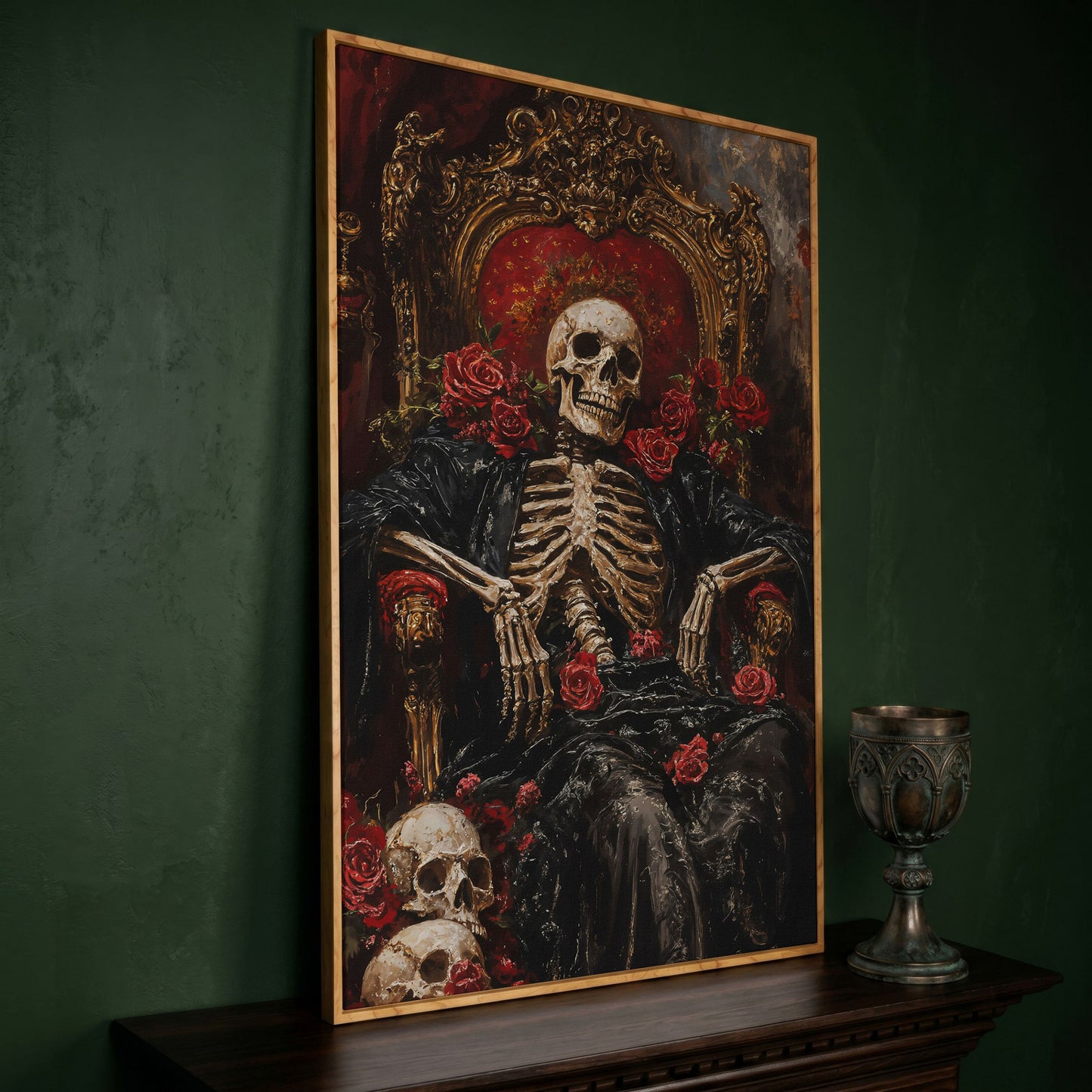 Skeleton on a Throne with Red Roses. Gothic Canvas Art in white oak floating frame