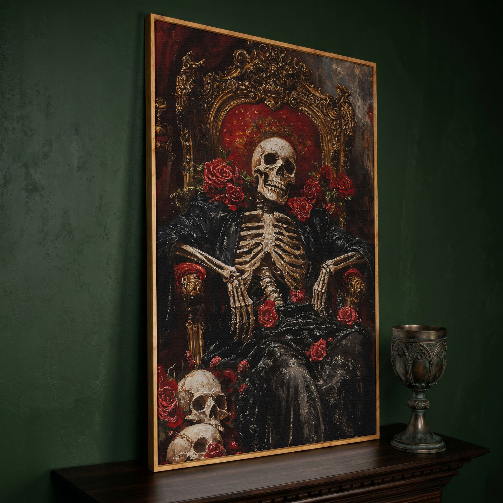 Skeleton on a Throne with Red Roses. Gothic Canvas Art in white oak floating frame