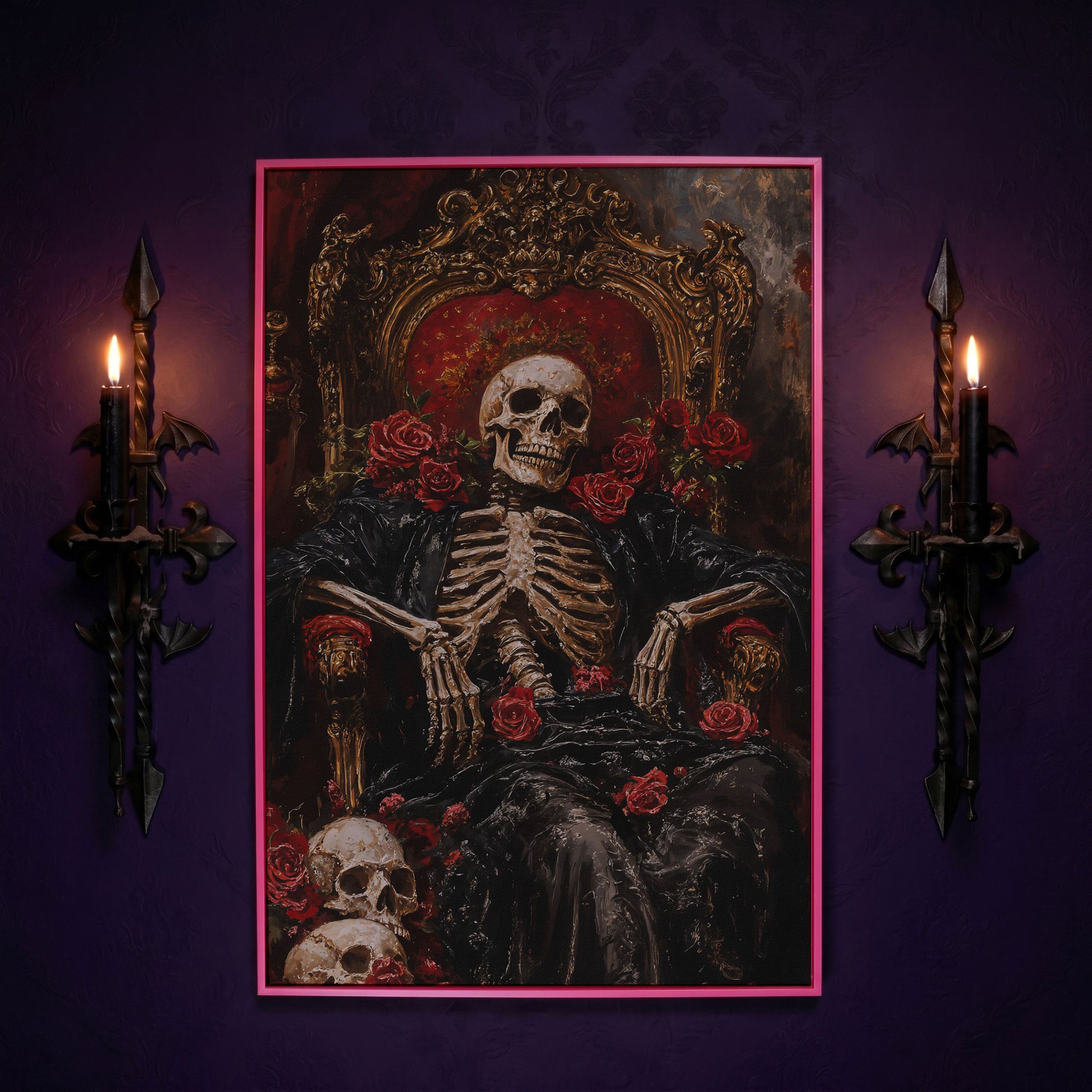 Skeleton on a Throne with Red Roses. Gothic Canvas Art in pink floating frame