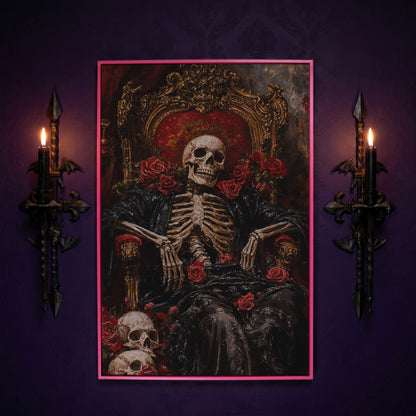 Skeleton on a Throne with Red Roses. Gothic Canvas Art in pink floating frame