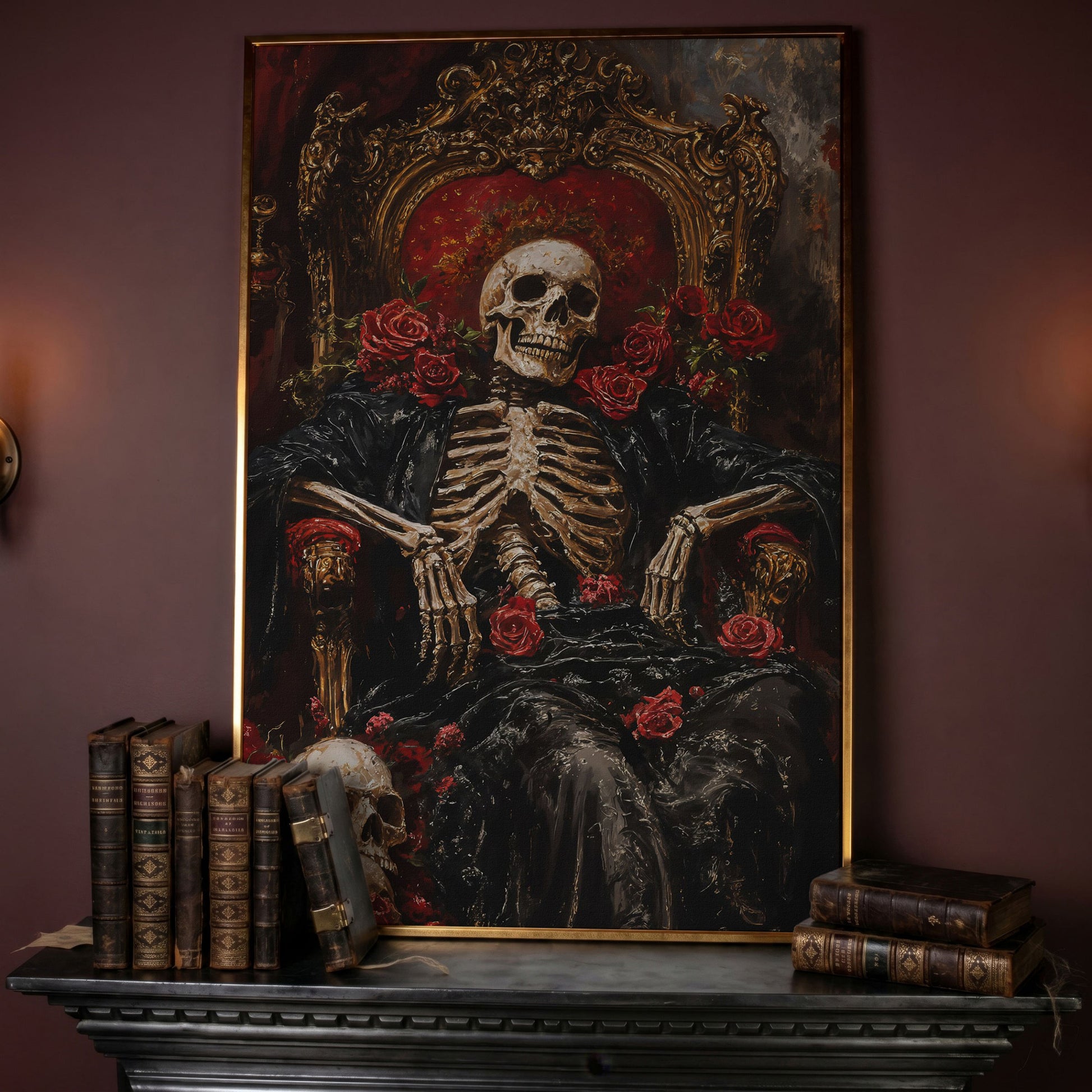 Skeleton on a Throne with Red Roses. Gothic Canvas Art in rose gold floating frame