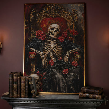 Skeleton on a Throne with Red Roses. Gothic Canvas Art in rose gold floating frame