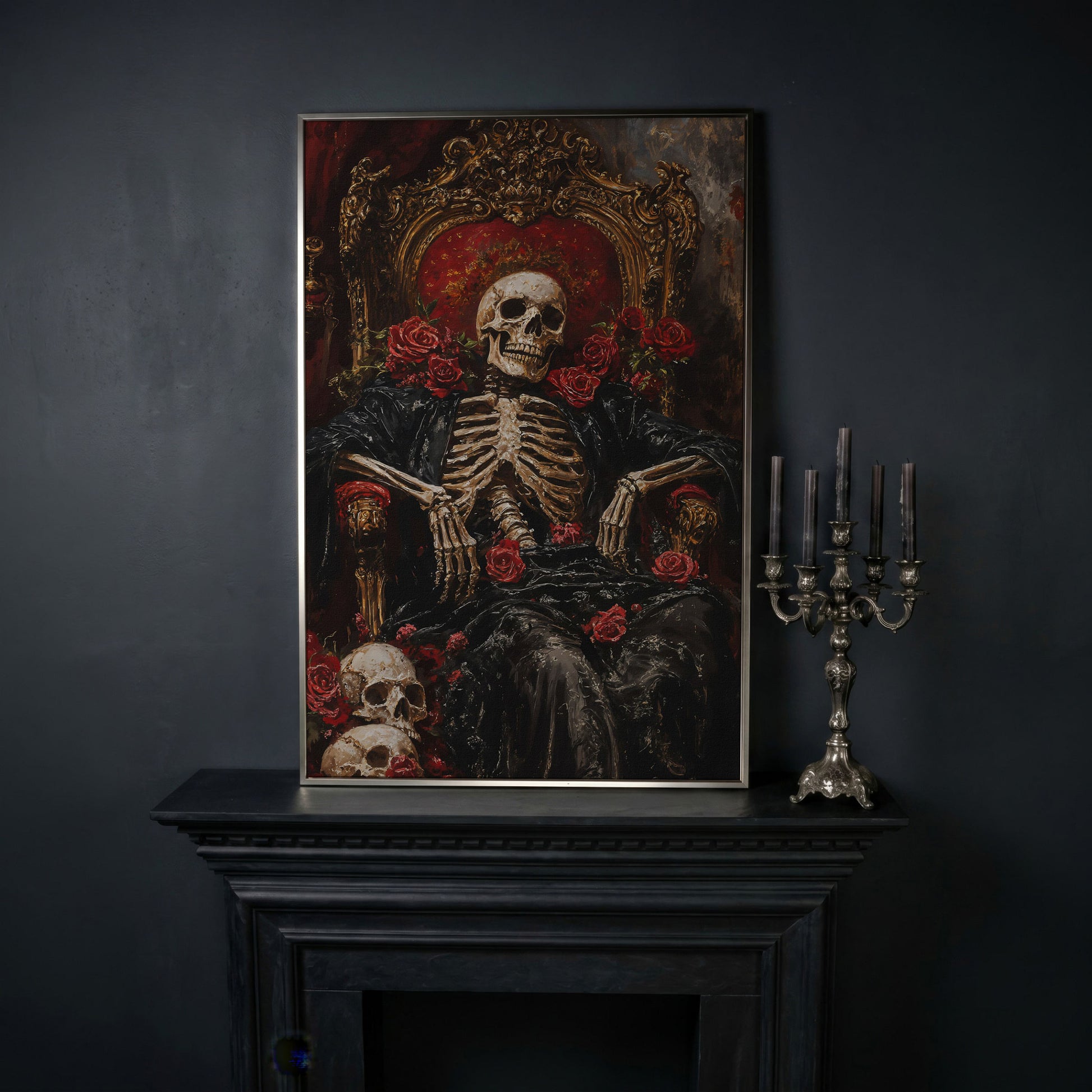 Skeleton on a Throne with Red Roses. Gothic Canvas Art in silver floating frame
