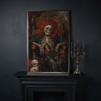 Skeleton on a Throne with Red Roses. Gothic Canvas Art in silver floating frame