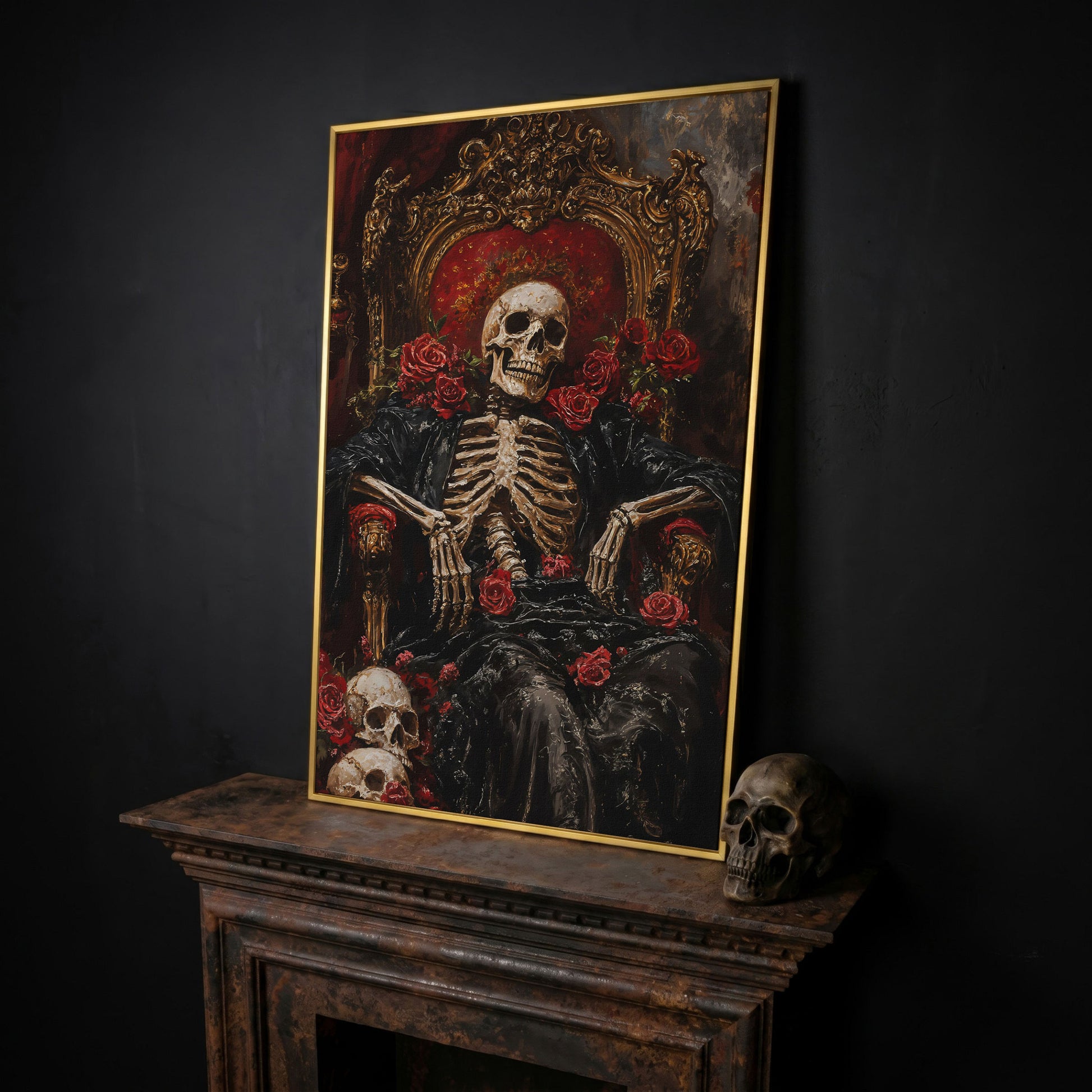 Skeleton on a Throne with Red Roses. Gothic Canvas Art in yellow gold floating frame