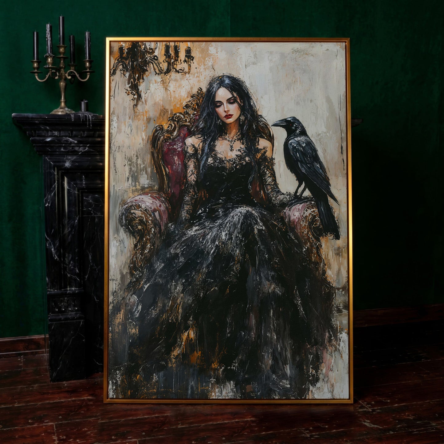 Dark Throne: Gothic Woman and Raven Canvas Wall Art in antique gold floating frame