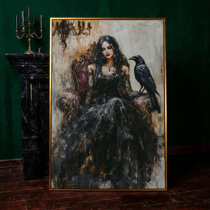 Dark Throne: Gothic Woman and Raven Canvas Wall Art in antique gold floating frame