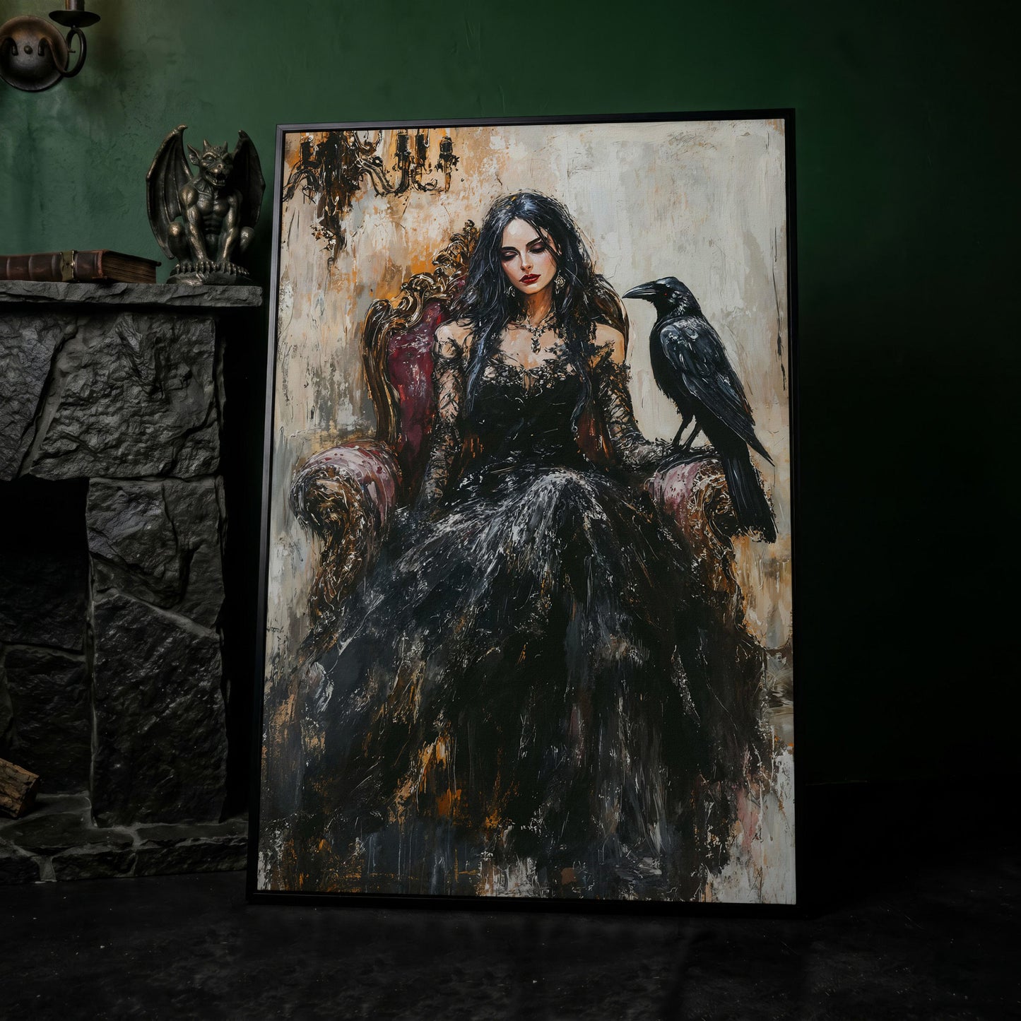 Dark Throne: Gothic Woman and Raven Canvas Wall Art in black floating frame