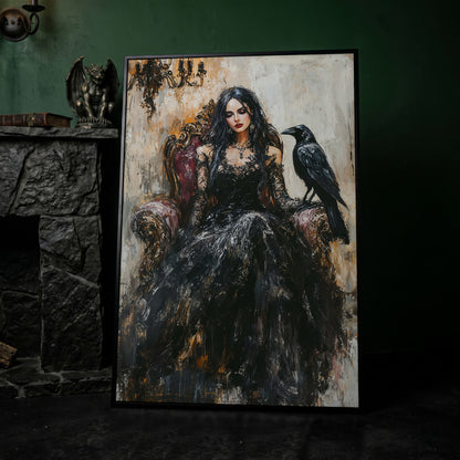 Dark Throne: Gothic Woman and Raven Canvas Wall Art in black floating frame