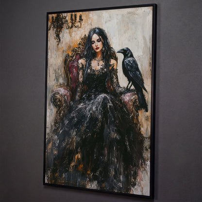 Dark Throne: Gothic Woman and Raven Canvas Wall Art shown in black floating frame
