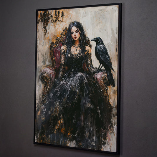 Dark Throne: Gothic Woman and Raven Canvas Wall Art shown in black floating frame