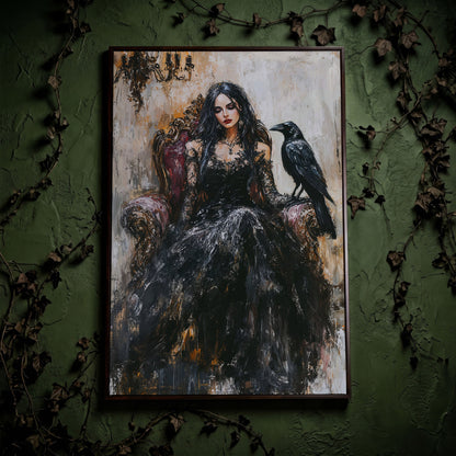 Dark Throne: Gothic Woman and Raven Canvas Wall Art in dark walnut floating frame