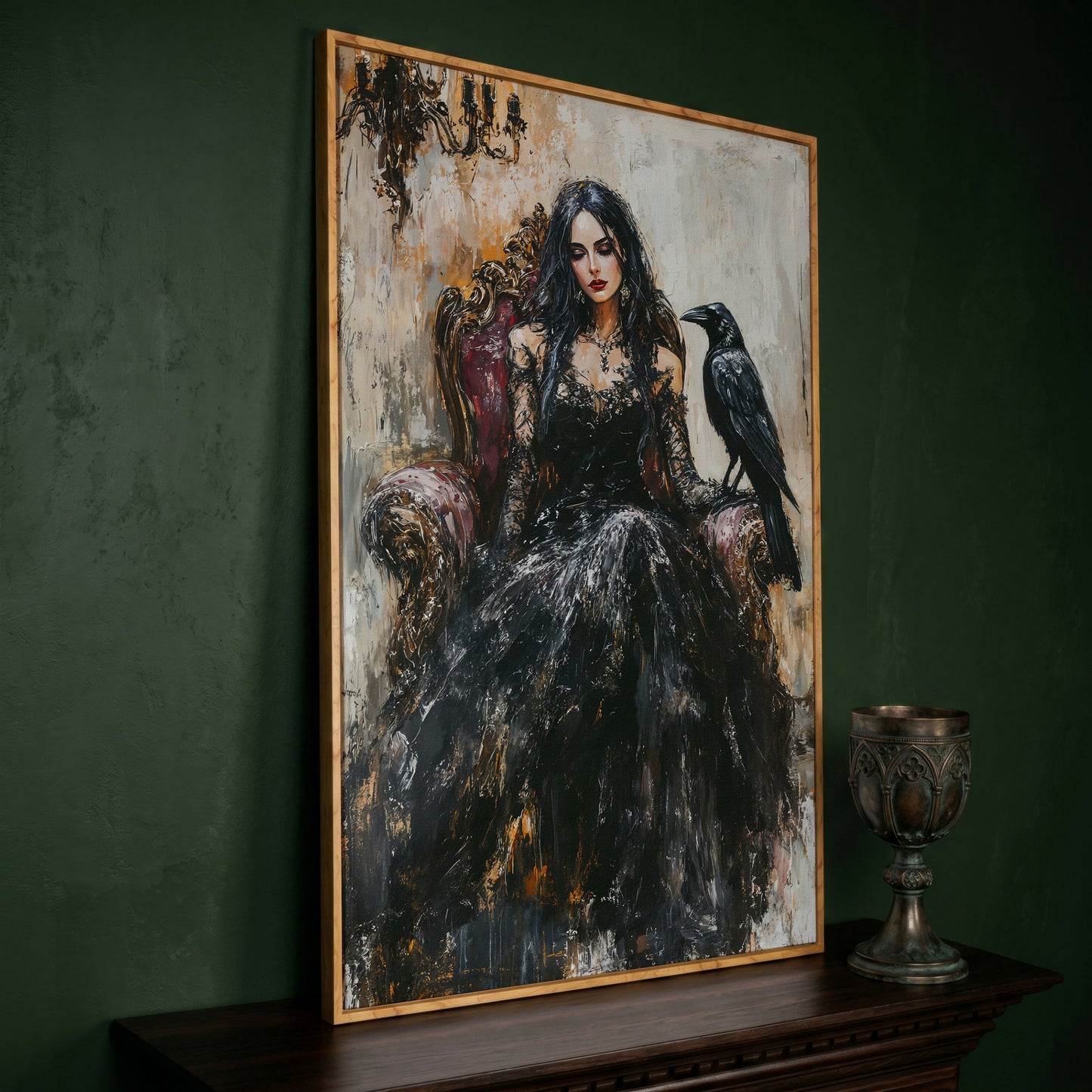 Dark Throne: Gothic Woman and Raven Canvas Wall Art in white oak floating frame