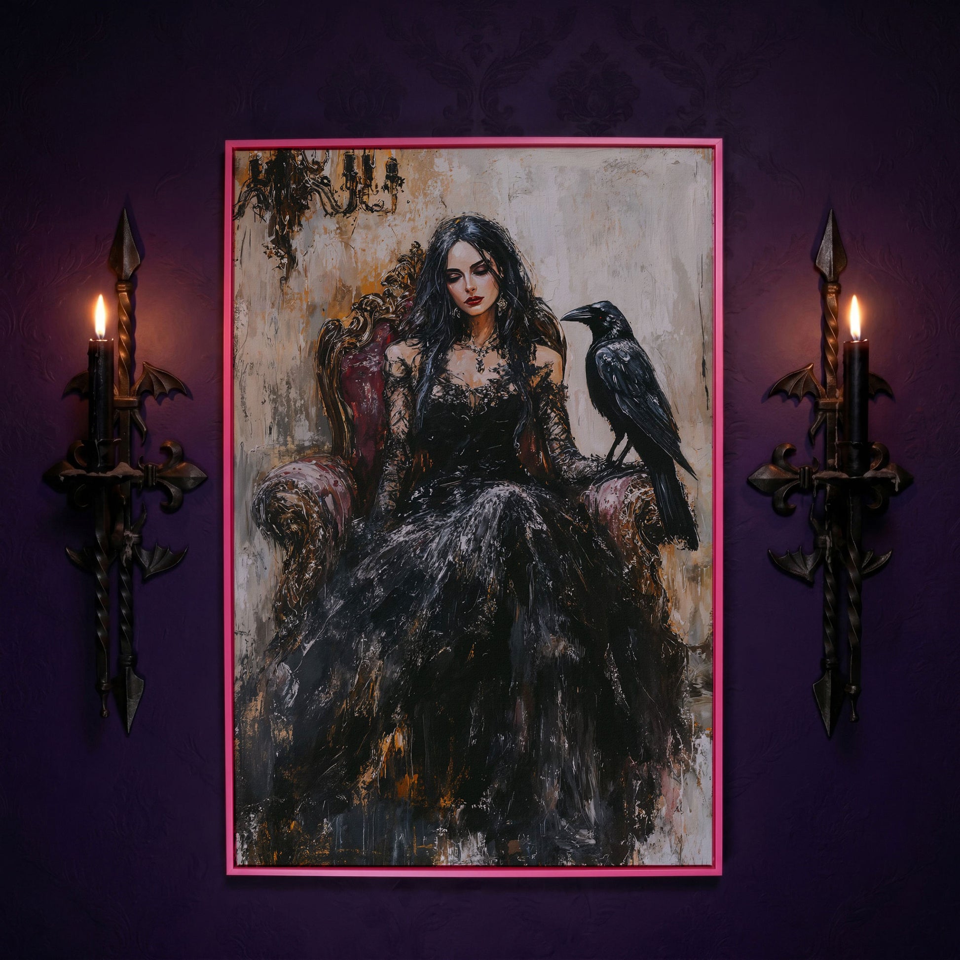 Dark Throne: Gothic Woman and Raven Canvas Wall Art in pink floating frame