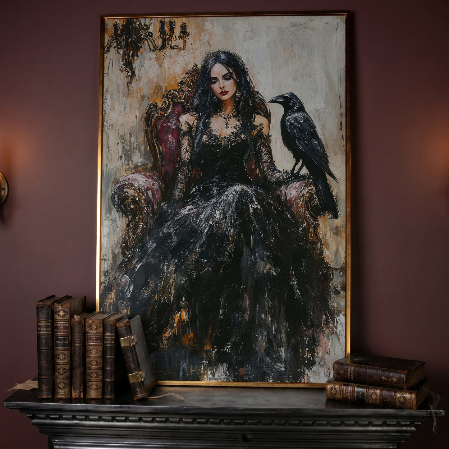 Dark Throne: Gothic Woman and Raven Canvas Wall Art in rose gold floating frame